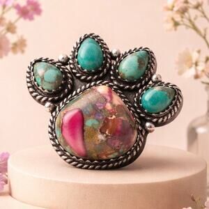 Artisan Copper Turquoise & Spiny Oyster Paw Ring | Solid .925 Sterling Size 8